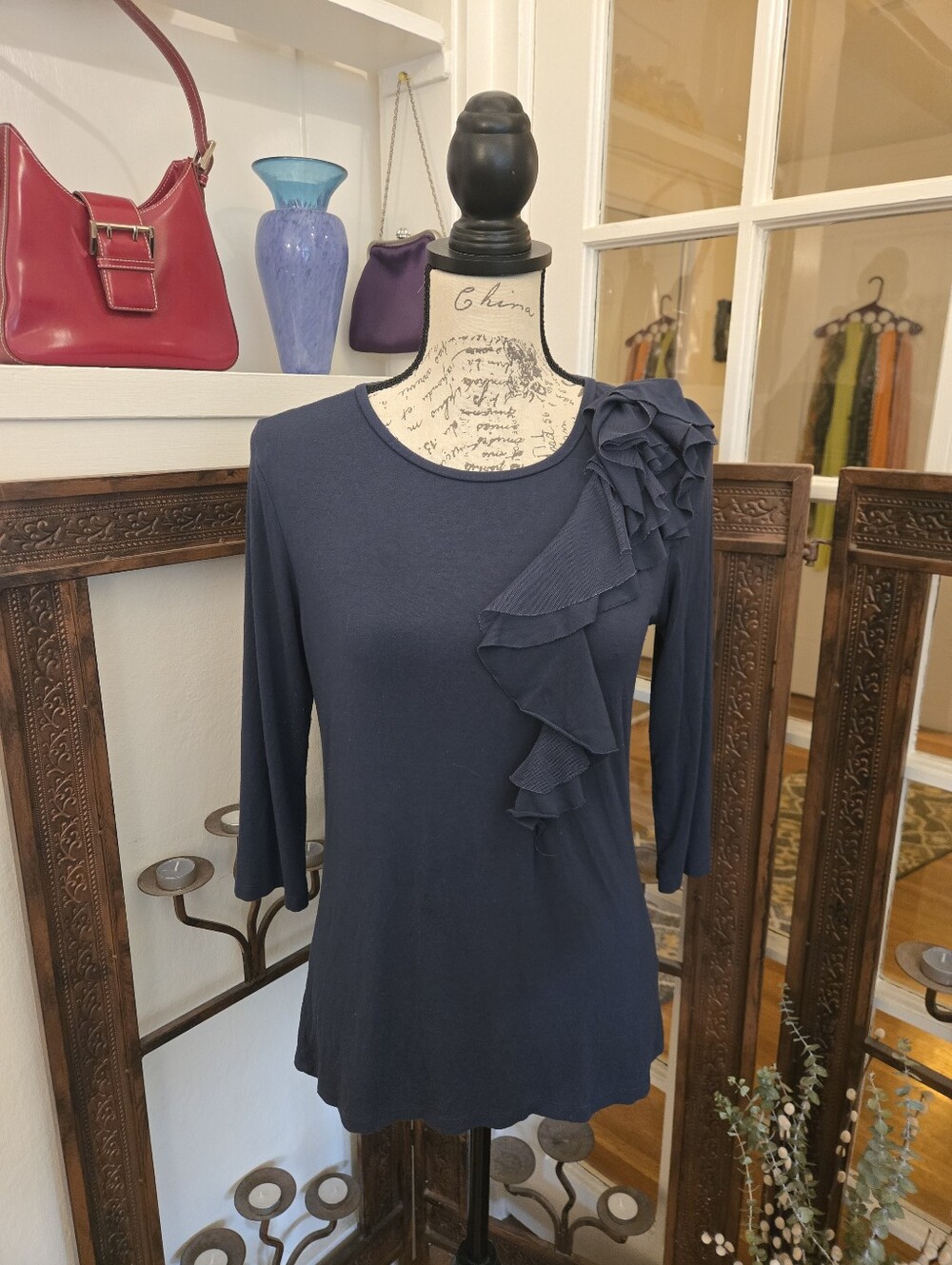 Adrienne Vittadini Studio Navy Ruffled Blouse, Sz PM